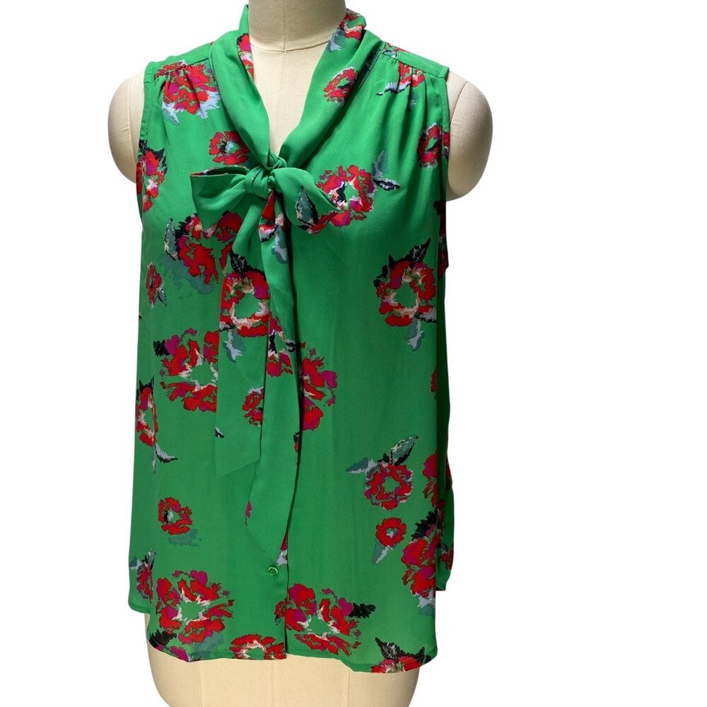 Rachel Zoe Floral Bow Tie Sleeveless Blouse M Green &‎ Red Career